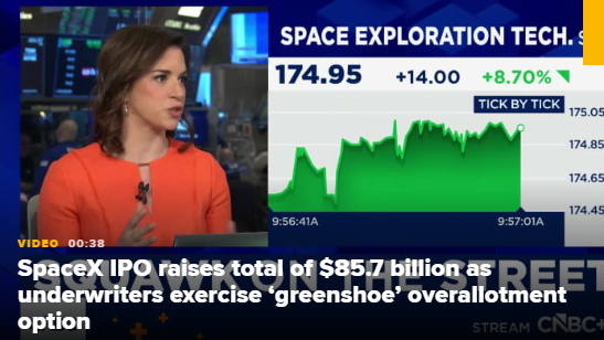 承销商行使绿鞋超额配售权，SpaceX IPO募资总额达857亿美元