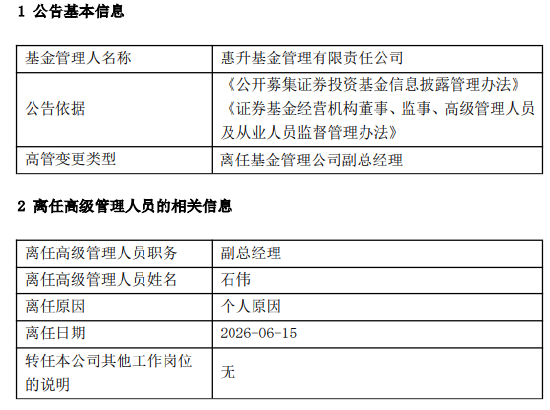加盟两年即告别!惠升基金固收副总石伟离任